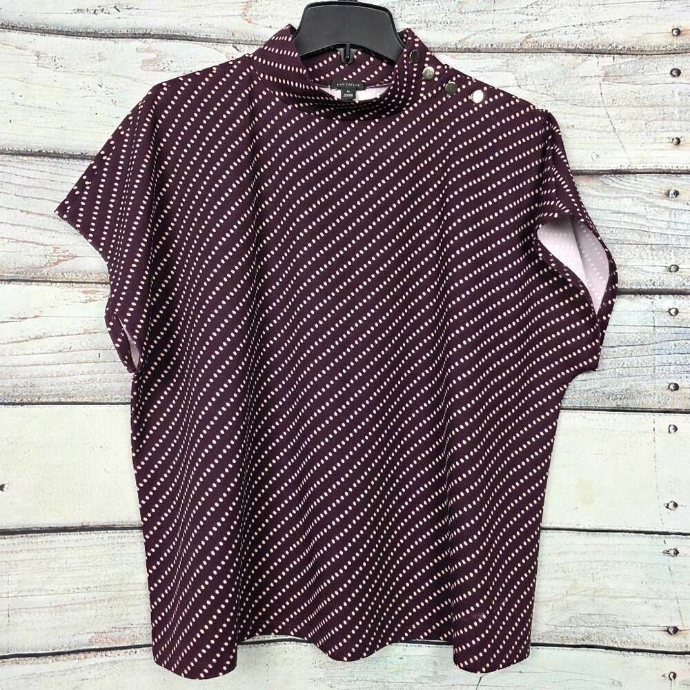Ann Taylor Polka Dot Mock Neck Top Burgundy Women’s XL